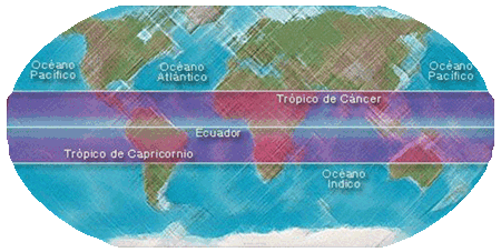 El área en color entre los dos trópicos es la única en la tierra que goza del paso cenital del Sol